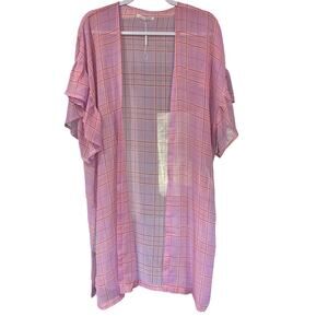 Do Everything In Love Open Top Boho Fairy Cover Up Kimono Pink Plaid Sheer OS